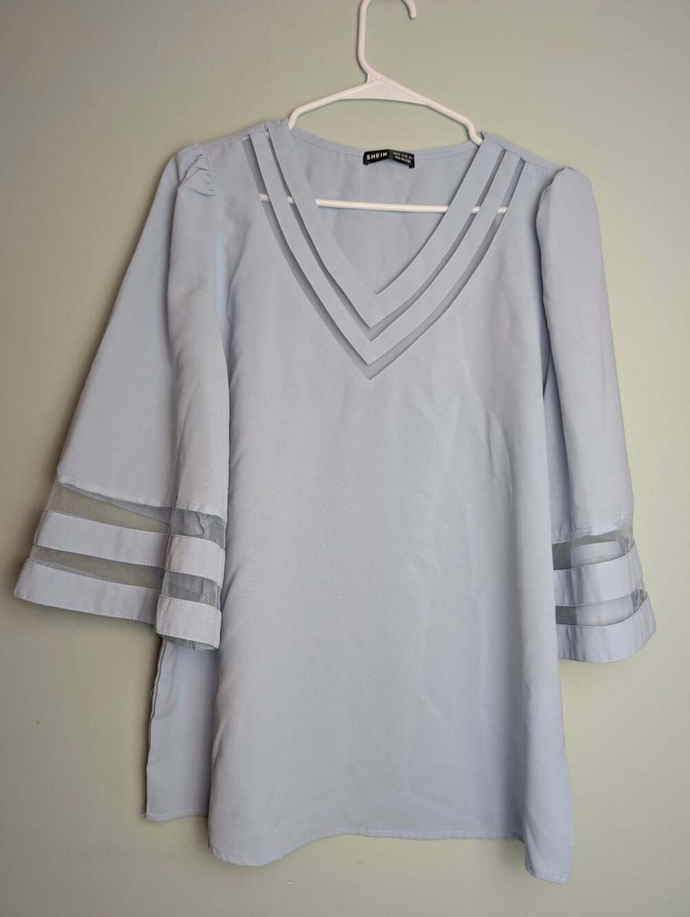Meshdetails Minimalist Shein V-Neck Tunic Top Mesh Trim Bell Sleeve